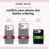 Size guide graphic for a CASE·MATE phone case, showing three iPhone models and phone case fits by size: 6.7" iPhone 18 Pro, 6.