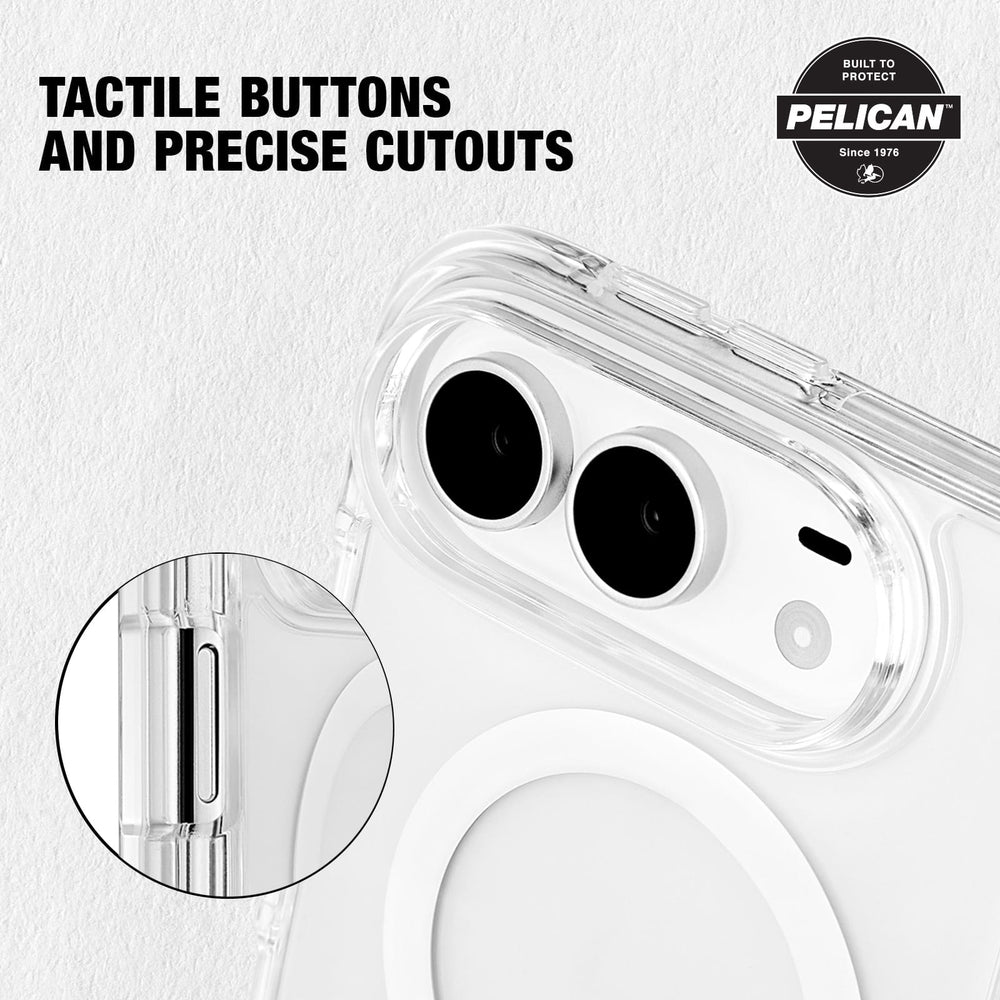 Clear protective phone case with precise cutouts for dual cameras and a MagSafe ring, shown on a white phone against a light textured background. Text reads 'TACTILE BUTTONS AND PRECISE CUTOUTS' and a Pelican badge appears in the top right.
#color_ranger clear