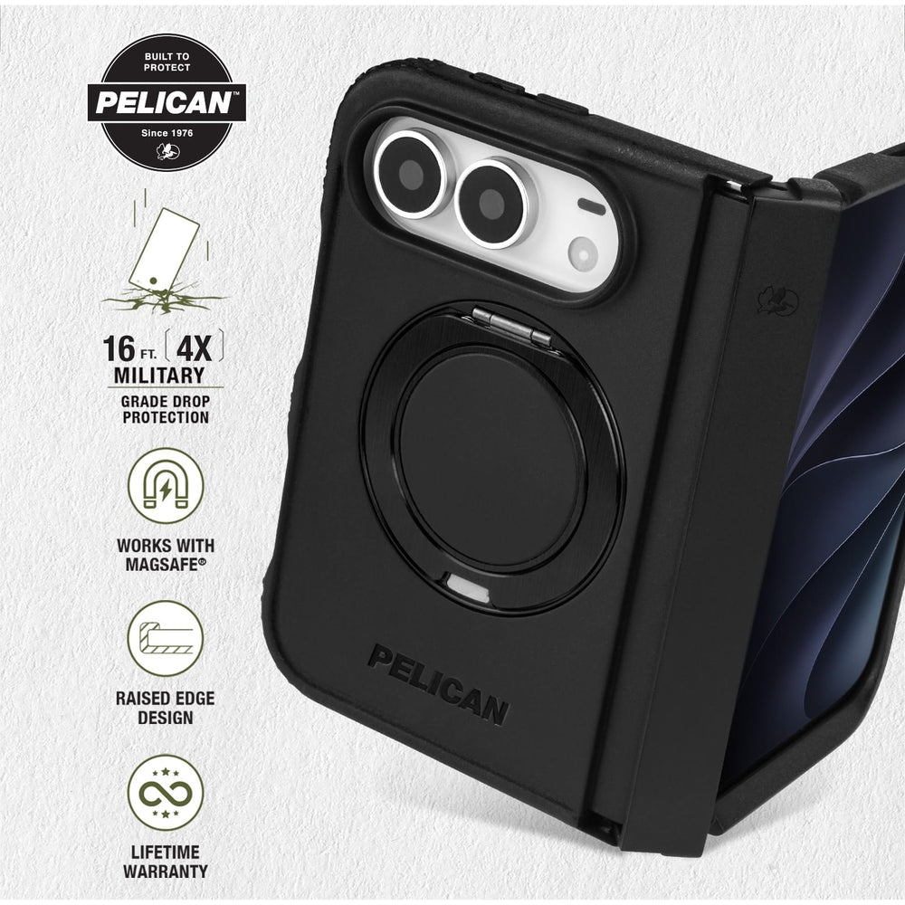 Pelican bulit to protect, 16 foot 4 times military grade drop protection, works with magsafe, raised edge design, lifetime warranty 
#color_protector black