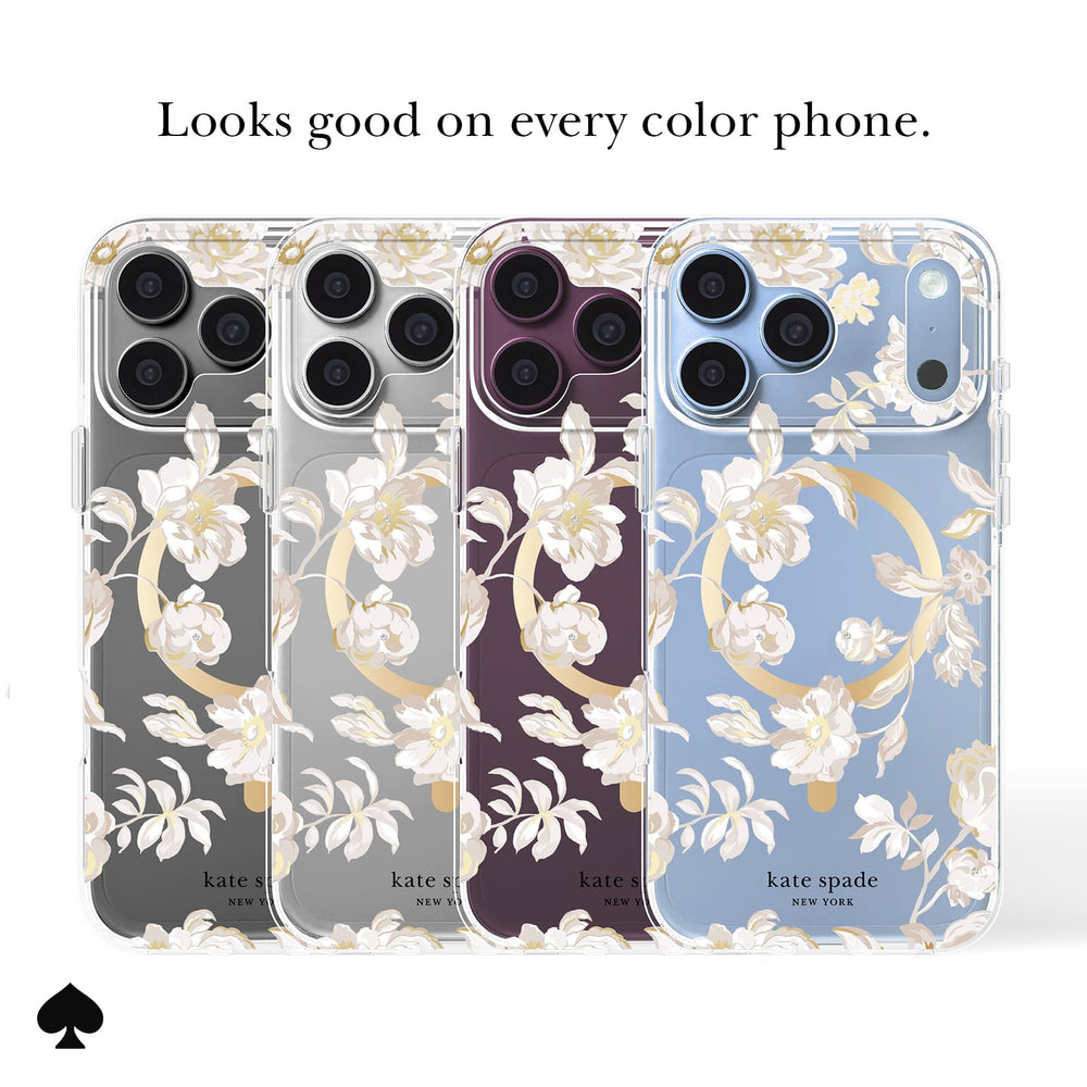 Four Kate Spade New York phone cases with a white floral and gold circular pattern, shown in gray, silver, plum, and light blue. The text above reads 'Looks good on every color phone.

#color_autumn toile