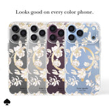 Four Kate Spade New York phone cases with a white floral and gold circular pattern, shown in gray, silver, plum, and light blue. The text above reads 'Looks good on every color phone.

#color_autumn toile