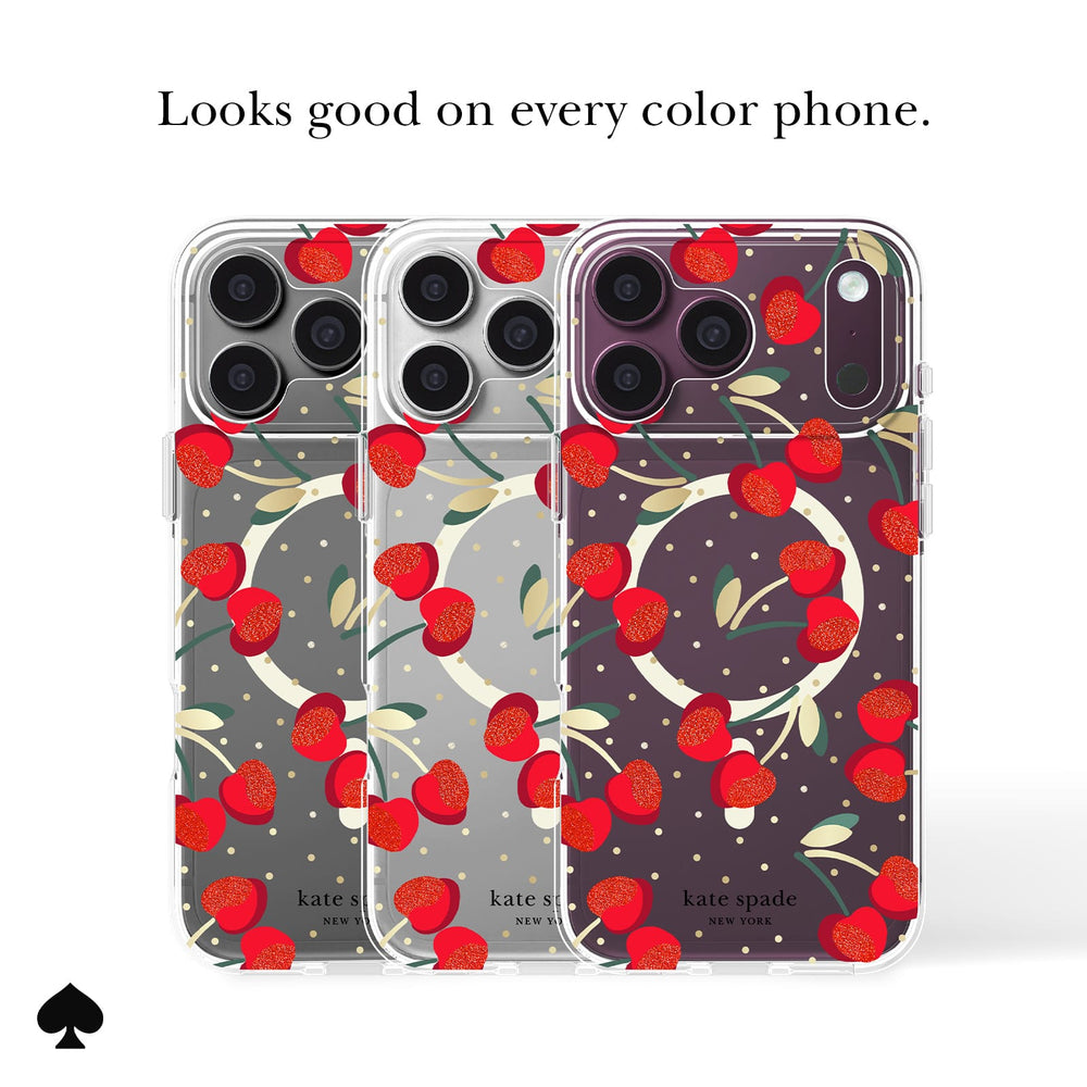 Three Kate Spade New York clear phone cases with a red strawberry and gold leaf wreath pattern, shown on phones against a white background with the text 'Looks good on every color device.'.

#color_cherry dot