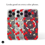 Three Kate Spade New York clear phone cases with a red strawberry and gold leaf wreath pattern, shown on phones against a white background with the text 'Looks good on every color device.'.

#color_cherry dot