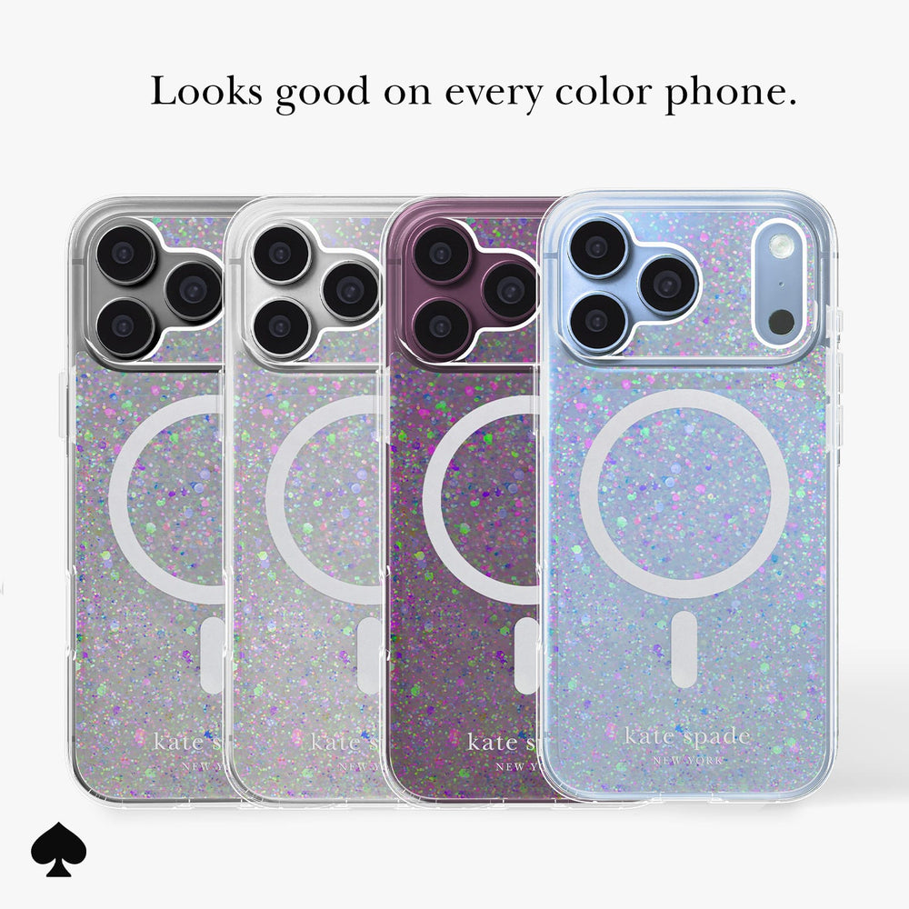Four glittery MagSafe-compatible phone cases shown from the back on a light gray background, with the text 'Looks good on every color device.' above 

#color_chunky glitter