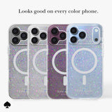 Four glittery MagSafe-compatible phone cases shown from the back on a light gray background, with the text 'Looks good on every color device.' above 

#color_chunky glitter
