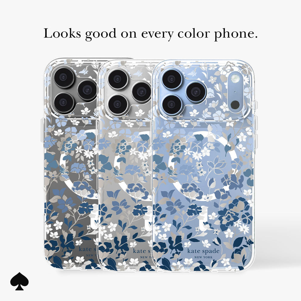 Three Kate Spade New York clear phone cases with a blue and white floral print are shown on a light gray background with the text 'Looks good on every color phone.' A black spade logo appears in the bottom-left corner.

#color_flowerbed blue
