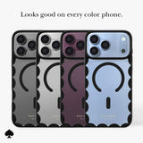 Four Kate Spade phone cases shown in different colors (gray, silver, plum, and light blue) with a scalloped edge and a black power-button symbol. The text above reads 'Looks good on every color device.
#color_scallop black