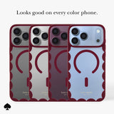 Four Kate Spade New York magnetic phone cases shown in different phone colors (gray, silver, burgundy, and light blue) with a dark burgundy frame, featuring the brand name 'kate spade new york' printed near the bottom and the text 'Looks good on every color phone.' above.

#color_scallop cherry glaze