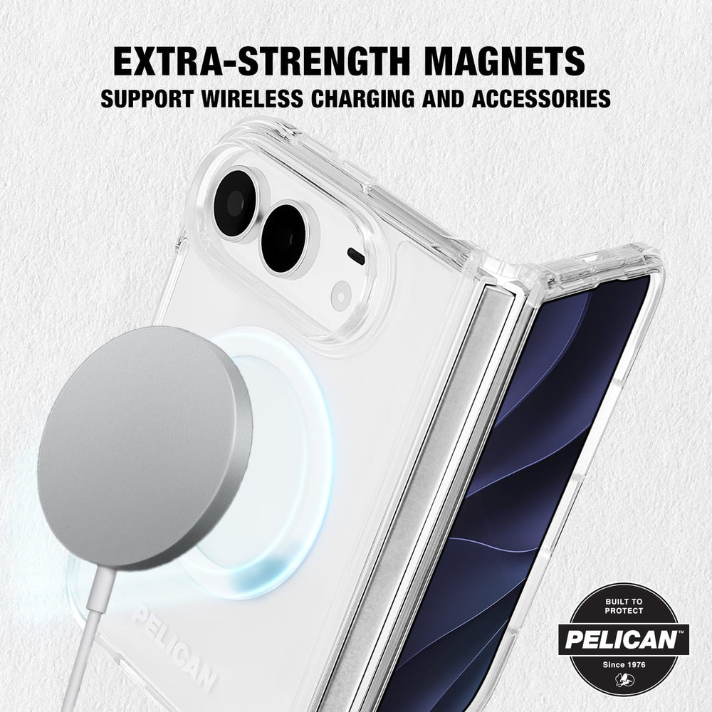 Clear MagSafe-compatible phone case with a silver magnetic ring accessory attached, shown on a smartphone against a light textured background. Text at the top reads 'EXTRA-STRENGTH MAGNETS SUPPORT WIRELESS CHARGING AND ACCESSORIES,' and a Pelican logo badge appears in the lower right.
#color_ranger clear