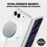 Clear MagSafe-compatible phone case with a silver magnetic ring accessory attached, shown on a smartphone against a light textured background. Text at the top reads 'EXTRA-STRENGTH MAGNETS SUPPORT WIRELESS CHARGING AND ACCESSORIES,' and a Pelican logo badge appears in the lower right.
#color_ranger clear