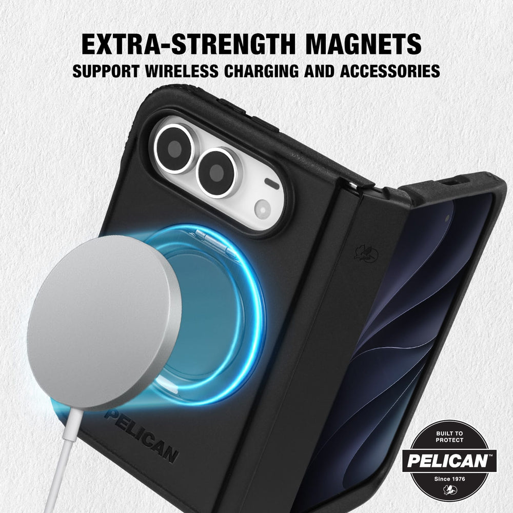 Black Pelican rugged phone case with a built-in magnetic ring and a separate white MagSafe-style magnetic accessory shown in front, with text reading 'EXTRA-STRENGTH MAGNETS SUPPORT WIRELESS CHARGING AND ACCESSORIES' and a Pelican badge.
#color_protector black