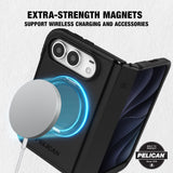 Black Pelican rugged phone case with a built-in magnetic ring and a separate white MagSafe-style magnetic accessory shown in front, with text reading 'EXTRA-STRENGTH MAGNETS SUPPORT WIRELESS CHARGING AND ACCESSORIES' and a Pelican badge.
#color_protector black