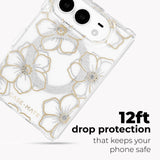 A clear phone case with a silver glitter floral pattern and gold outlines, shown on a phone against a light gray background with text that reads '12ft drop protection that keeps your phone safe' and the CASE-MATE brand name partially visible.
#color_floral gems