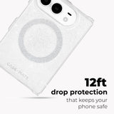 A clear glitter phone case with a circular MagSafe ring, shown on a white phone against a light gray background with text reading '12ft drop protection that keeps your phone safe' and the CASE-MATE brand name.
#color_sheer twinkle silver