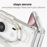 A close-up of a transparent phone case with gold glitter floral accents and a flower detail, shown fitted around a folded smartphone. Text at the top reads 'stays secure one-piece design folds with your phone' on a light gray background.
#color_floral gems
