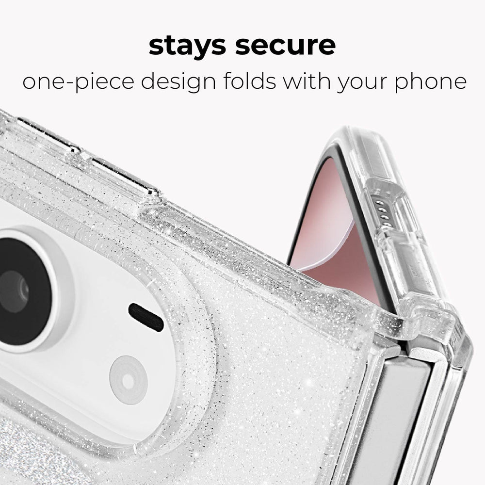 A close-up of a clear glitter phone case with a foldable phone partially inserted, with text above reading 'stays secure one-piece design folds with your phone' on a light gray background.
#color_sheer twinkle silver