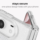 A close-up of a clear glitter phone case with a foldable phone partially inserted, with text above reading 'stays secure one-piece design folds with your phone' on a light gray background.
#color_sheer twinkle silver