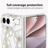 A clear phone case with a white and silver floral pattern outlined in gold, shown on a smartphone against a light gray background. Text at the top reads 'full coverage protection raised edges protects all screens'.
#color_floral gems