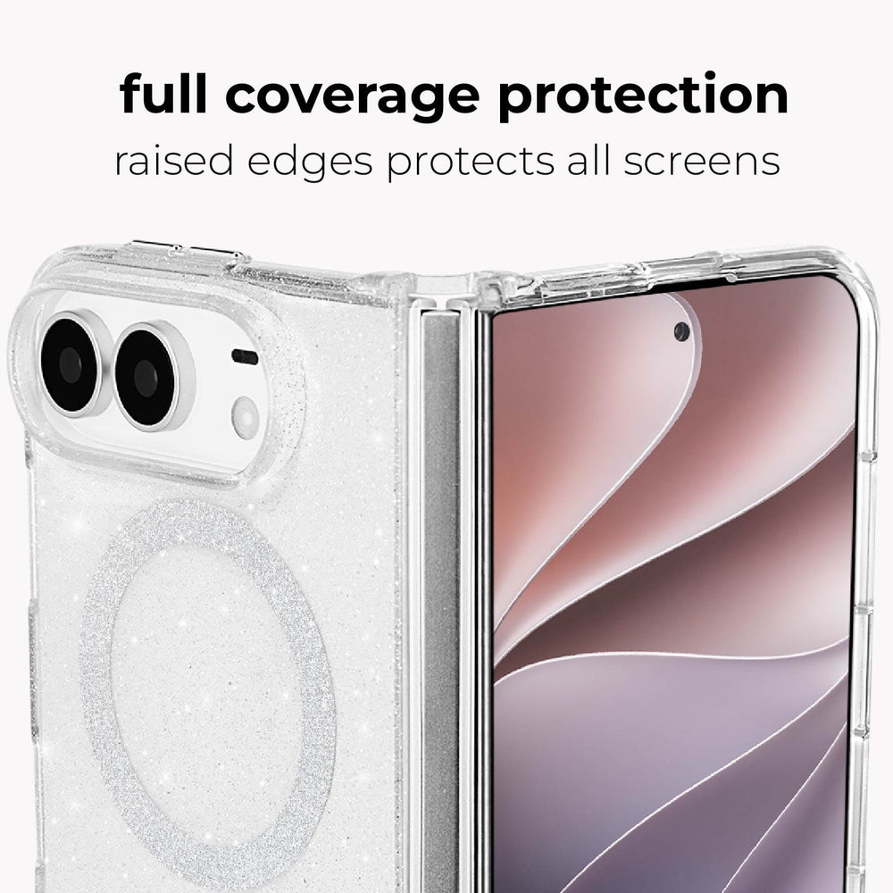 A clear glitter phone case shown on a smartphone, with text above reading 'full coverage protection' and 'raised edges protects all screens.' The case is transparent with a sparkling finish and a circular MagSafe-style ring visible on the back.
#color_sheer twinkle silver