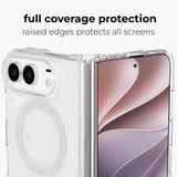 A clear glitter phone case shown on a smartphone, with text above reading 'full coverage protection' and 'raised edges protects all screens.' The case is transparent with a sparkling finish and a circular MagSafe-style ring visible on the back.
#color_sheer twinkle silver