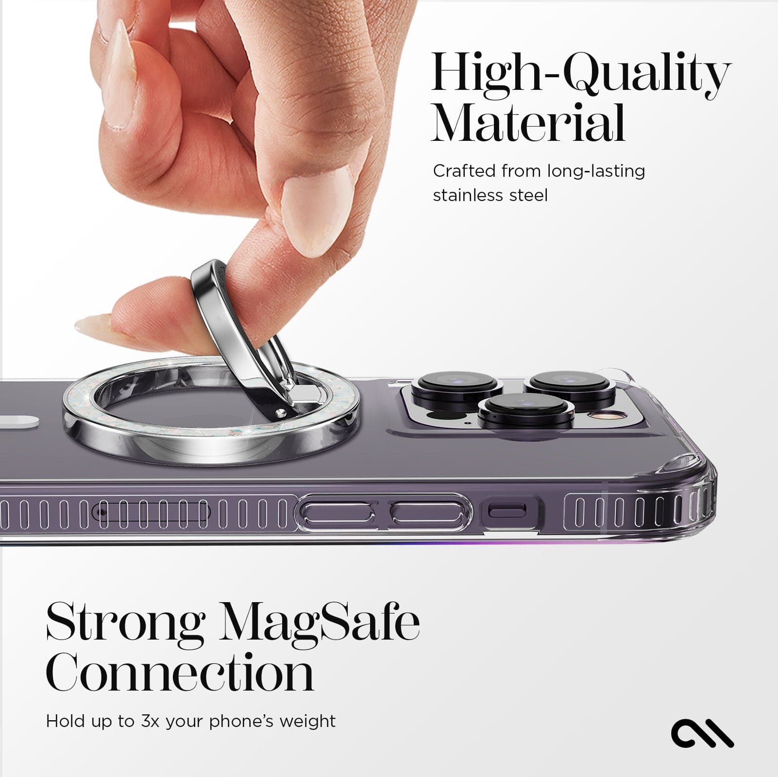 HIGH-QUALITY MATERIAL. CRAFTED FROM LONG-LASTING STAINLESS STEEL. STRONG MAGSAFE CONNECTION. HOLD UP TO 3X YOUR PHONE'S WEIGHT.