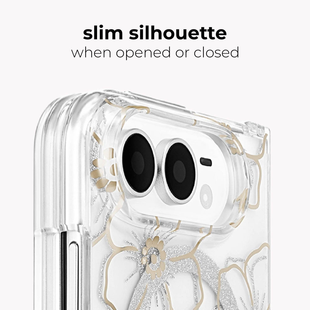 A clear phone case with a floral gold and silver glitter pattern, shown on a phone with the text 'slim silhouette when opened or closed' above it, on a light gray background.
#color_floral gems