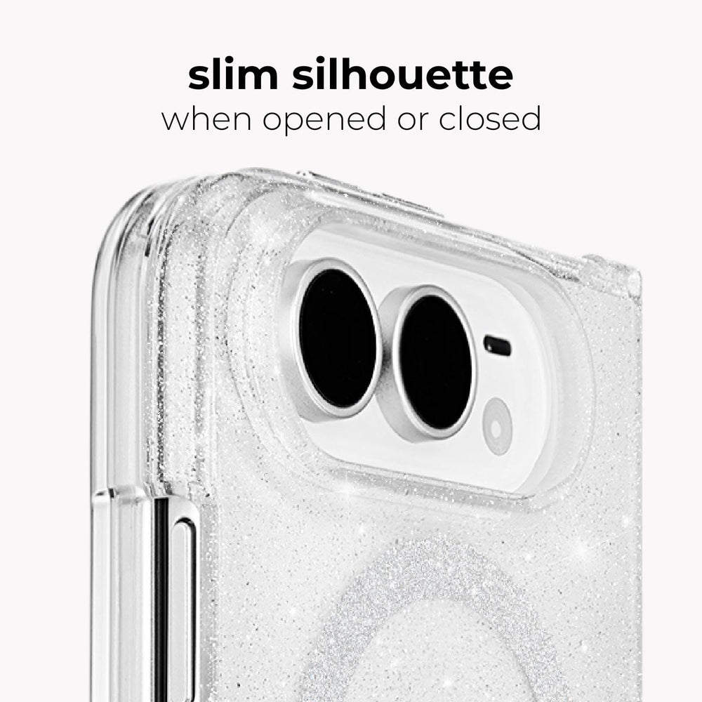 A clear glitter phone case with a transparent back and camera cutout, shown on a white phone. Text above reads 'slim silhouette when opened or closed' on a light gray background.
#color_sheer twinkle silver