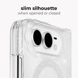 A clear glitter phone case with a transparent back and camera cutout, shown on a white phone. Text above reads 'slim silhouette when opened or closed' on a light gray background.
#color_sheer twinkle silver
