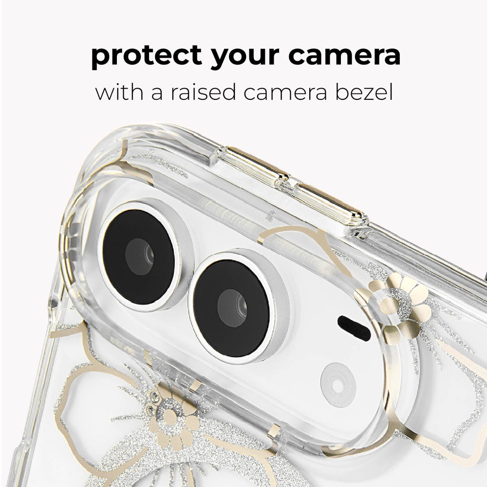A clear phone case with a raised camera bezel and delicate gold glitter floral detailing, shown on a white phone against a light gray background with the text 'protect your camera with a raised camera bezel'.
#color_floral gems