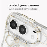 A clear phone case with a raised camera bezel and delicate gold glitter floral detailing, shown on a white phone against a light gray background with the text 'protect your camera with a raised camera bezel'.
#color_floral gems