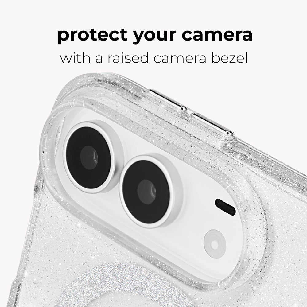 A close-up of a clear glitter phone case with a raised camera bezel, shown on a white phone. Text above reads 'protect your camera with a raised camera bezel'.
#color_sheer twinkle silver
