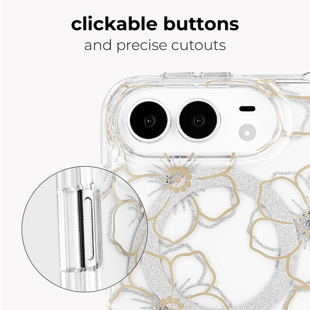 A clear phone case with a white background and metallic gold and silver floral pattern, featuring a circular inset showing a close-up of the side button cutout and text at the top reading 'clickable buttons and precise cutouts'.
#color_floral gems
