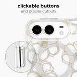 A clear phone case with a white background and metallic gold and silver floral pattern, featuring a circular inset showing a close-up of the side button cutout and text at the top reading 'clickable buttons and precise cutouts'.
#color_floral gems