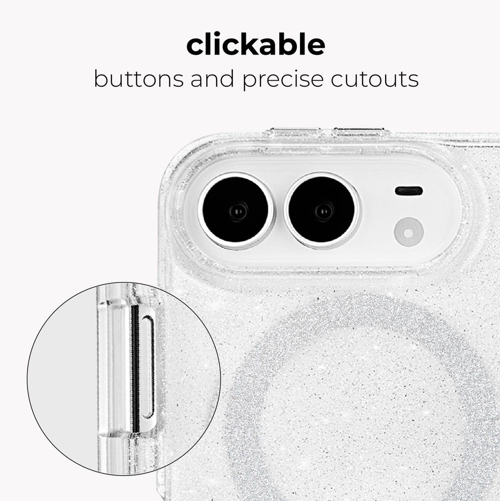 A clear glitter phone case with precise cutouts for a dual-camera setup and MagSafe ring, shown on a white phone. Text at the top reads 'clickable buttons and precise cutouts,' with a circular inset highlighting the side button cutout.
#color_sheer twinkle silver