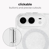 A clear glitter phone case with precise cutouts for a dual-camera setup and MagSafe ring, shown on a white phone. Text at the top reads 'clickable buttons and precise cutouts,' with a circular inset highlighting the side button cutout.
#color_sheer twinkle silver