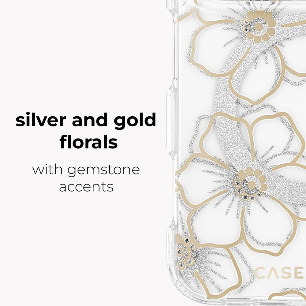 A clear phone case with large silver and gold floral designs and small gemstone accents, shown next to text that reads 'silver and gold florals with gemstone accents'.
#color_floral gems