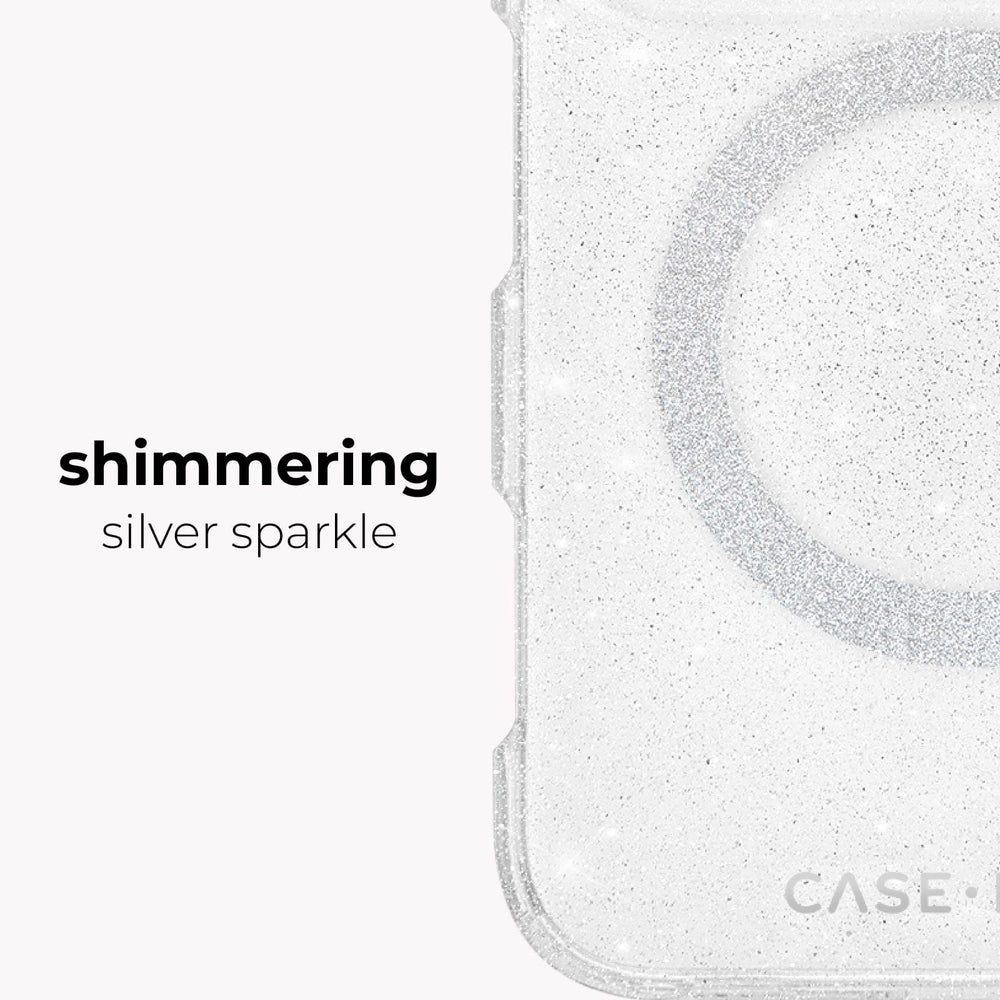 A close-up of a transparent phone case with silver glitter and the text 'shimmering silver sparkle' on a white background.
#color_sheer twinkle silver