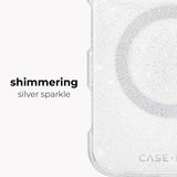 A close-up of a transparent phone case with silver glitter and the text 'shimmering silver sparkle' on a white background.
#color_sheer twinkle silver