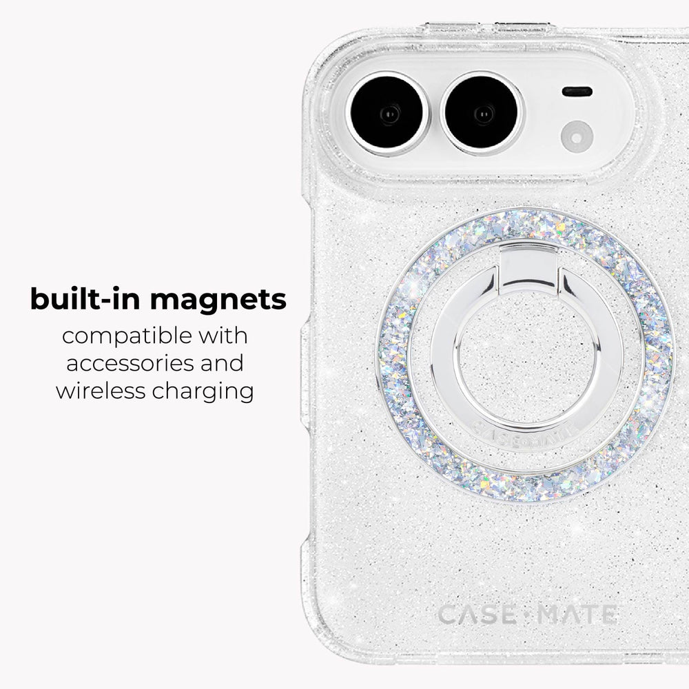 A clear glitter phone case with a built-in circular magnetic ring on the back, shown on a light gray background with text reading 'built-in magnets compatible with accessories and wireless charging' and the CASE-MATE logo near the bottom.
#color_sheer twinkle silver