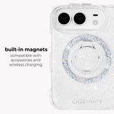 A clear glitter phone case with a built-in circular magnetic ring on the back, shown on a light gray background with text reading 'built-in magnets compatible with accessories and wireless charging' and the CASE-MATE logo near the bottom.
#color_sheer twinkle silver