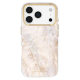 A clear phone case with a textured beige and cream faux fur design and gold trim, featuring a gold camera bezel and the Kendra Scott logo at the bottom.

#color_champagne oyster pearl