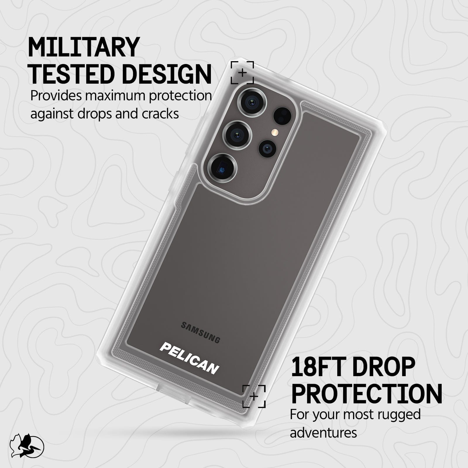 MILITARY TESTED DESIGN PROVIDES MAXIMUM PROTECTION AGAINST DROPS AND CRACKS. 18FT DROP PROTECTION FOR YOUR MOST RUGGED ADVENTURES