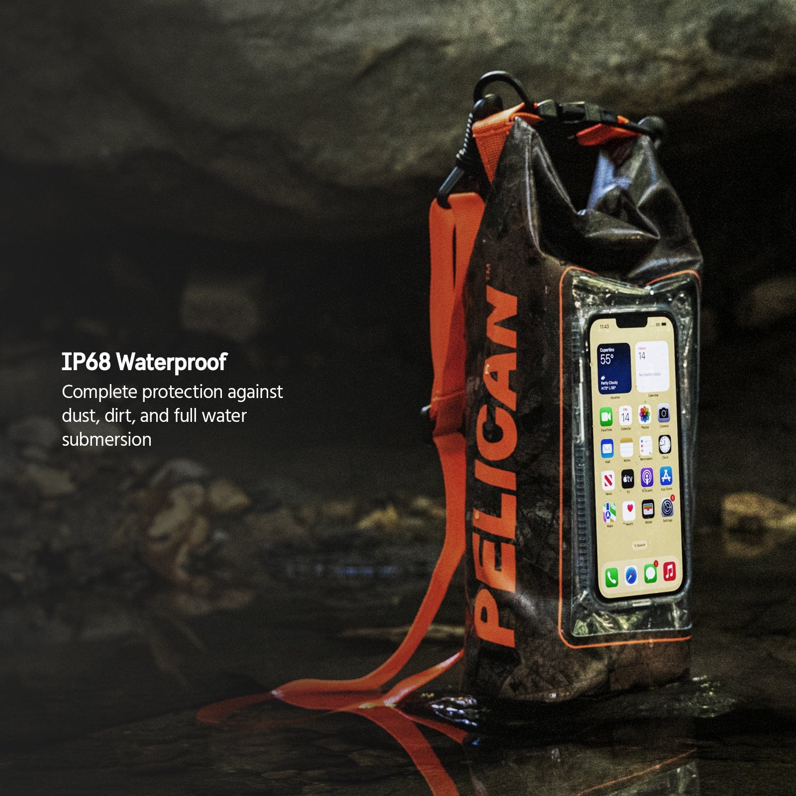 ip68 Waterproof. Complete protection against dust, firt, and full water submersion.