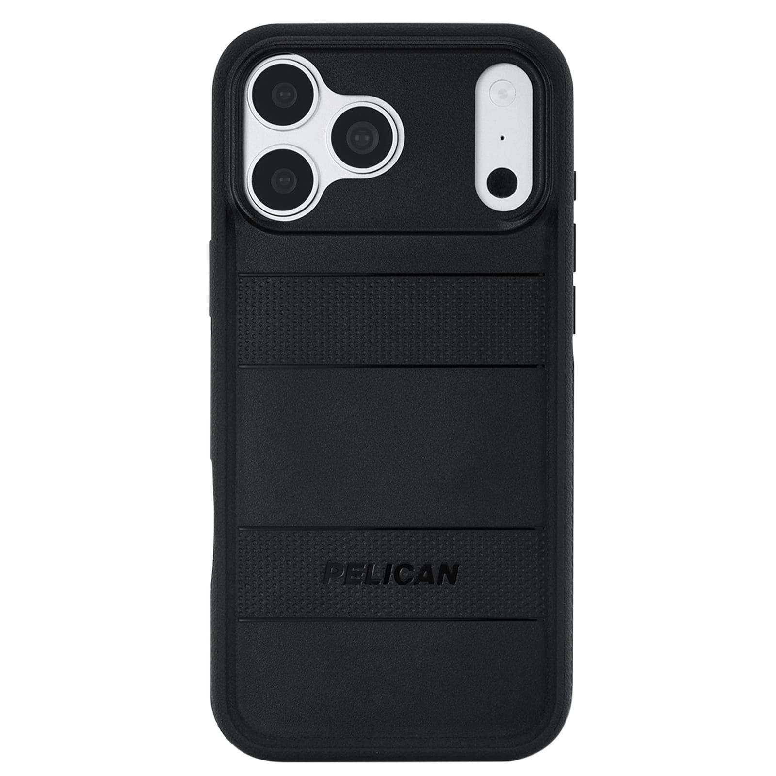 Black Pelican phone case with a textured grip design and a built-in card slot on the back, shown on a white background.

#color_protector black
