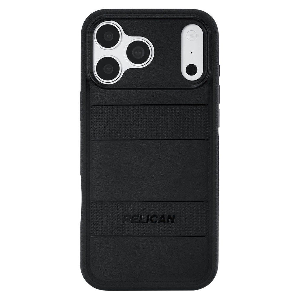 Black Pelican phone case with a textured grip design and a built-in card slot on the back, shown on a white background.

#color_protector black
