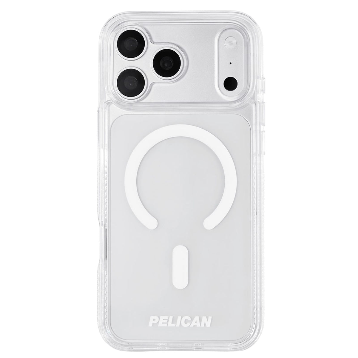 A clear protective phone case with a white MagSafe ring and a white 'PELICAN' logo at the bottom, shown on a white background.

#color_protector clear