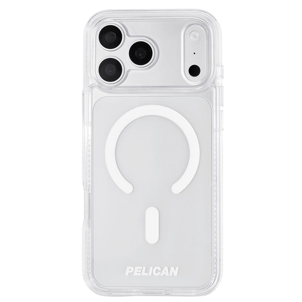 A clear protective phone case with a white MagSafe ring and a white 'PELICAN' logo at the bottom, shown on a white background.

#color_protector clear