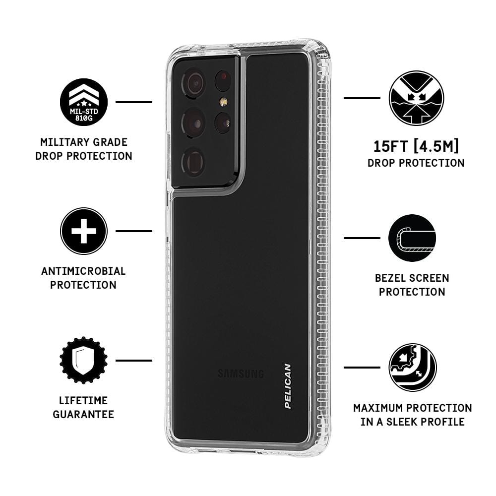 Features Military Grade Drop Protection, Antimicrobial Protection, Lifetime Guarantee, 15 ft Drop Protection, Bezel Screen Protection, Maximum Protection in a Sleek Profile. color::Clear