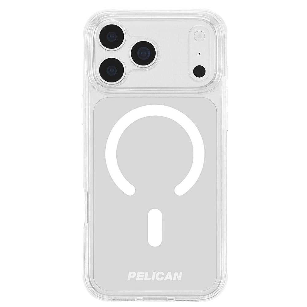 A clear protective phone case with a white MagSafe-compatible ring design on the back, branded with the PELICAN logo at the bottom, shown on a white background.
#color_ranger clear