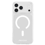 A clear protective phone case with a white MagSafe-compatible ring design on the back, branded with the PELICAN logo at the bottom, shown on a white background.
#color_ranger clear